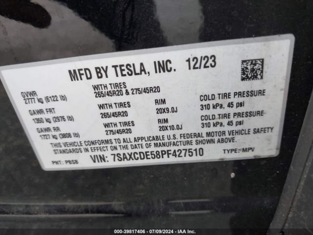 7SAXCDE58PF427510 Tesla Model X Dual Motor All-wheel Drive/standard Range