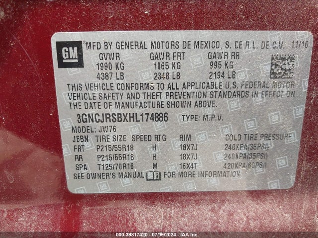 Chevrolet Trax Premier 2017 3GNCJRSBXHL174886 Image 9