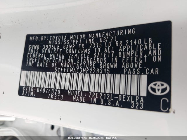 Toyota COROLLA LE 2021 5YFEPMAE3MP228315 Image 9