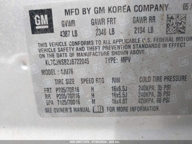 KL7CJNSB2JB722045 Chevrolet TRAX LS