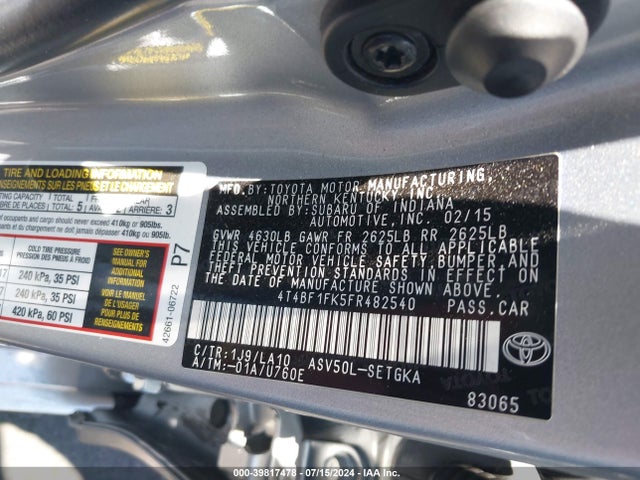 Toyota CAMRY XLE 2015 4T4BF1FK5FR482540 Image 9