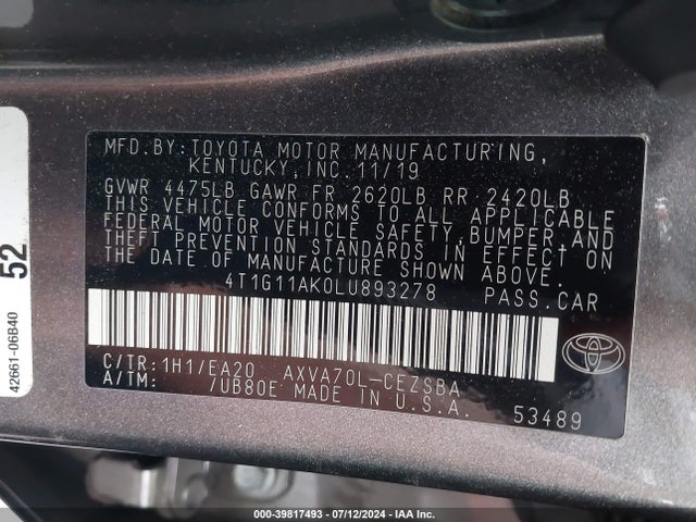 Toyota CAMRY SE 2020 4T1G11AK0LU893278 Image 9