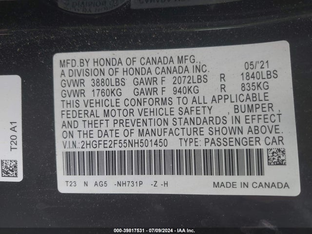 2HGFE2F55NH501450 Honda Civic Sport