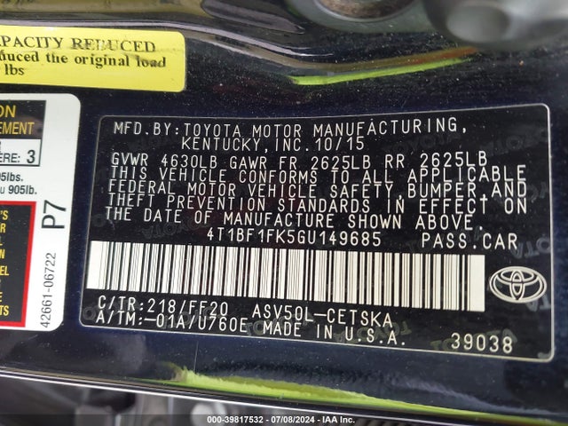 Toyota CAMRY SE 2016 4T1BF1FK5GU149685 Image 9