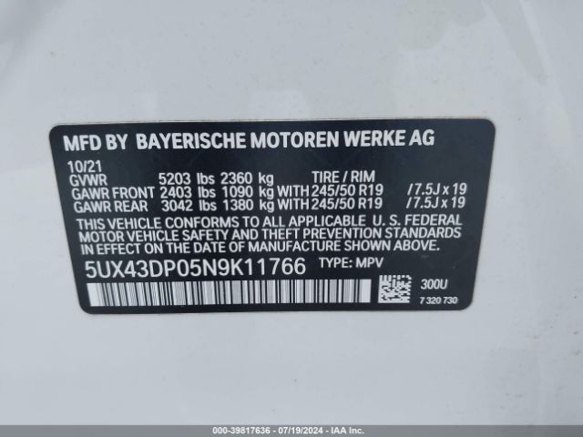 5UX43DP05N9K11766 BMW X3 Sdrive30i