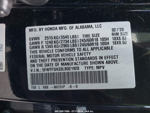 Honda Pilot 2wd Ex 2020 5FNYF5H33LB021928 Image 9