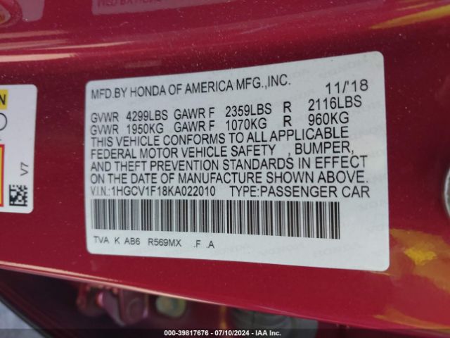 1HGCV1F18KA022010 Honda ACCORD LX