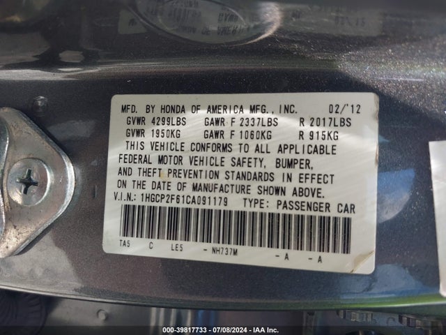 39817733 :رقم المزاد ، 1HGCP2F61CA091179 vin ، 2012 Honda Accord 2.4 Se مزاد بيع