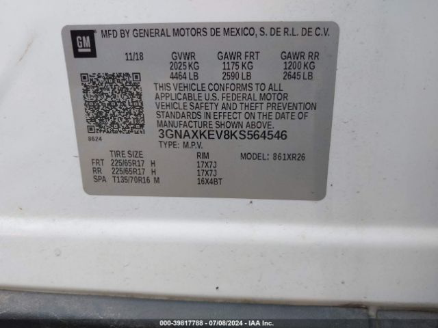 3GNAXKEV8KS564546 Chevrolet EQUINOX LT