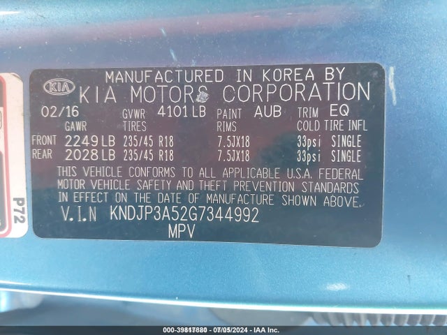 KIA SOUL + 2016 KNDJP3A52G7344992 Image 9