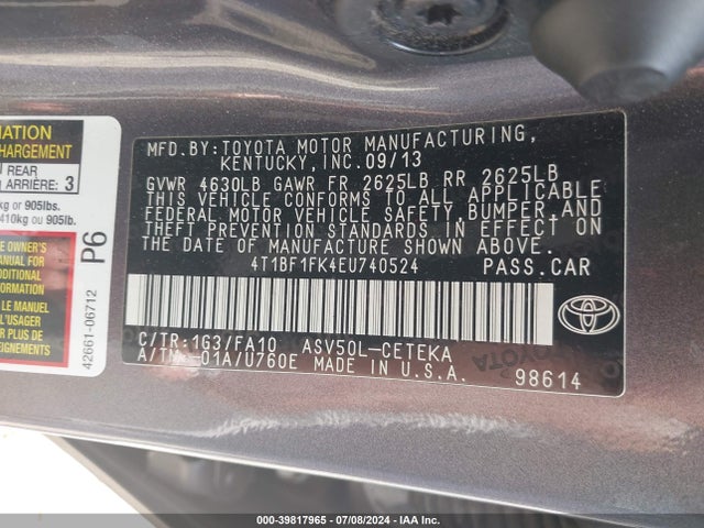 4T1BF1FK4EU740524 Toyota CAMRY L