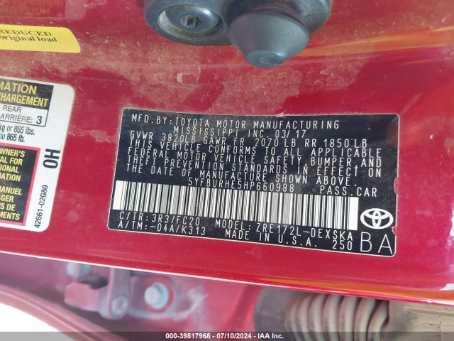Toyota COROLLA SE 2017 5YFBURHE5HP660988 Image 9