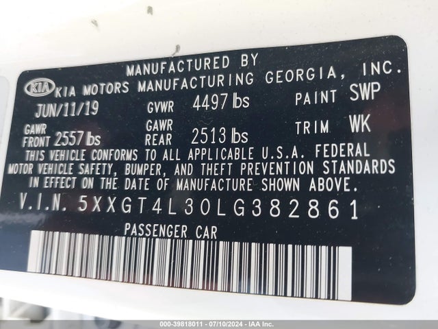 KIA Optima Lx 2020 5XXGT4L30LG382861 Image 9