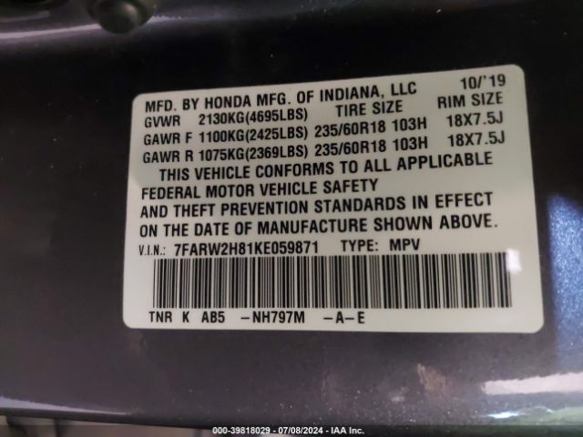 7FARW2H81KE059871 Honda Cr-v Ex-l