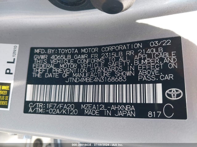 Toyota COROLLA SE 2022 JTND4MBE4N3168683 Image 9