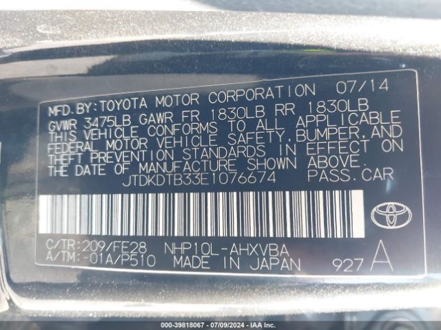 JTDKDTB33E1076674 Toyota Prius C One