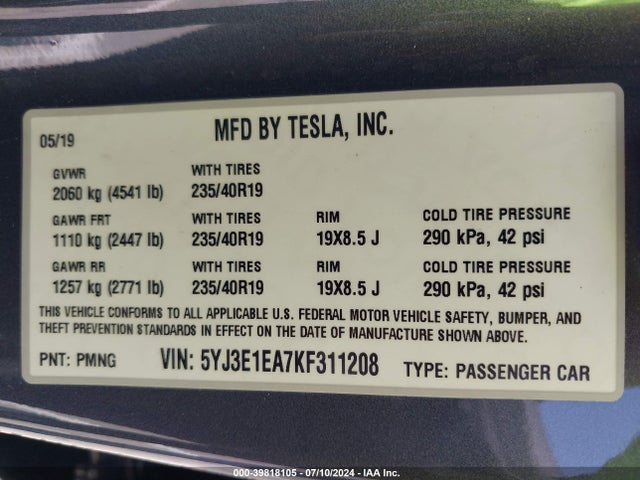 Tesla Model 3 Long Range/mid Range/standard Range/standard Range Plus 2019 5YJ3E1EA7KF311208 Image 9