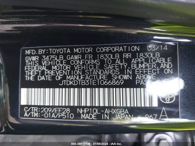 Toyota Prius C Three 2014 JTDKDTB31E1066869 Image 9
