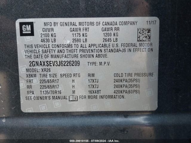 2GNAXSEV3J6226209 Chevrolet EQUINOX LT