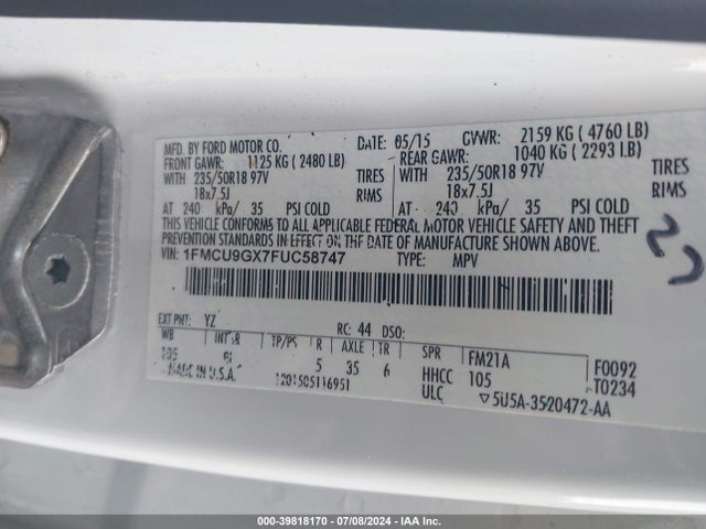 Ford ESCAPE SE 2015 1FMCU9GX7FUC58747 Image 9