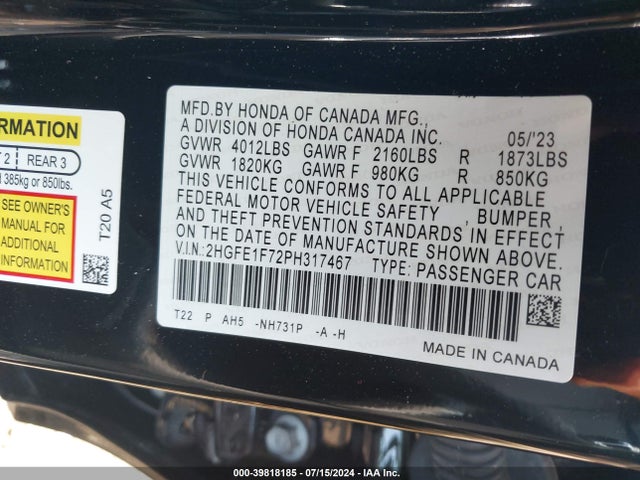 Honda Civic Ex /ex W/o Bsi 2023 2HGFE1F72PH317467 Image 9