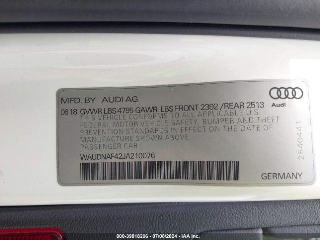 WAUDNAF42JA210076 Audi A4 2.0t Premium/2.0t Tech Premium