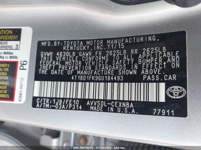 4T1BD1FK9GU184493 Toyota Camry Hybrid Le