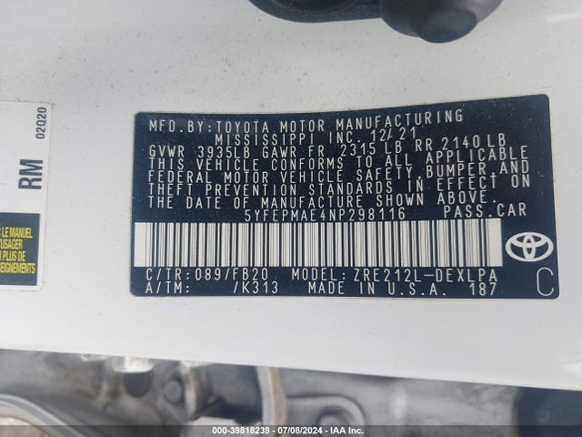 Toyota COROLLA LE 2022 5YFEPMAE4NP298116 Image 9