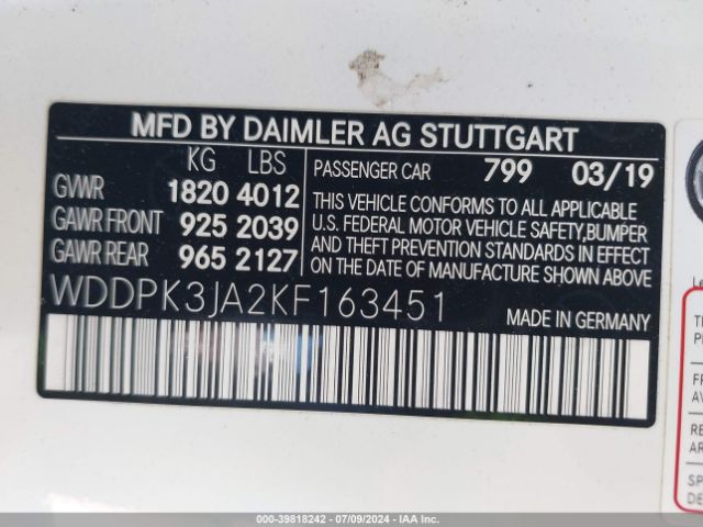 WDDPK3JA2KF163451 Mercedes-Benz Slc 300