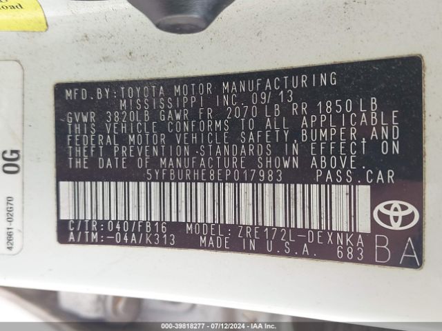 5YFBURHE8EP017983 Toyota Corolla Le Plus