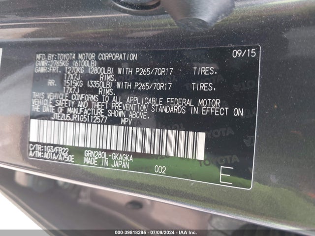 Toyota 4RUNNER SR5 2016 JTEZU5JR1G5112577 Image 9