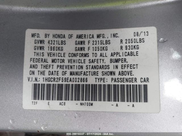 1HGCR2F59EA002866 Honda Accord Sport