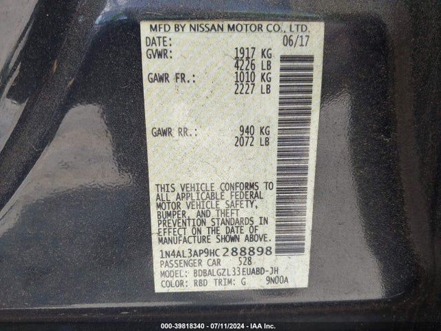 Nissan Altima 2.5 S 2017 1N4AL3AP9HC288898 Image 9