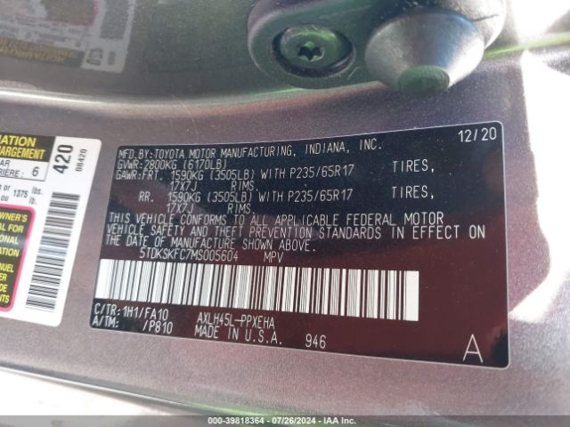5TDKSKFC7MS005604 Toyota SIENNA LE