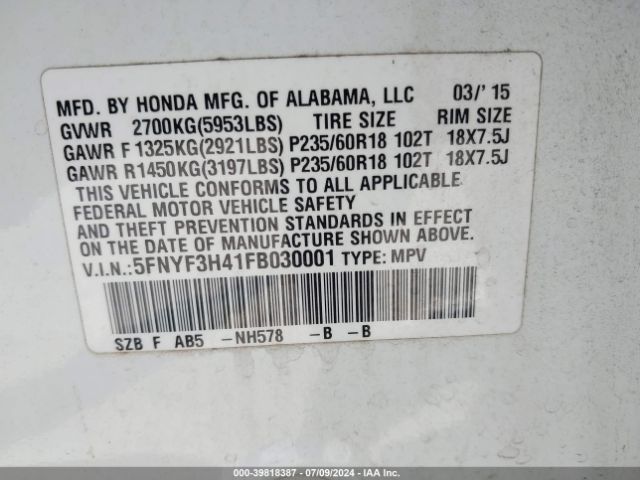 5FNYF3H41FB030001 Honda Pilot Ex