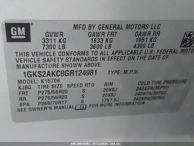 1GKS2AKC8GR124981 GMC YUKON SLE
