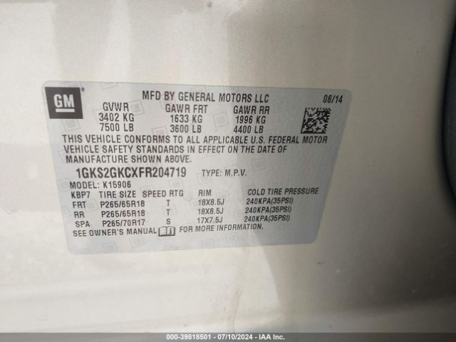 1GKS2GKCXFR204719 GMC Yukon Xl 1500 Sle