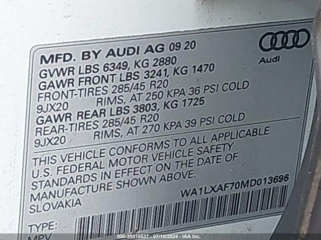 WA1LXAF70MD013696 Audi Q7 Premium Plus 55 Tfsi Quattro Tiptronic