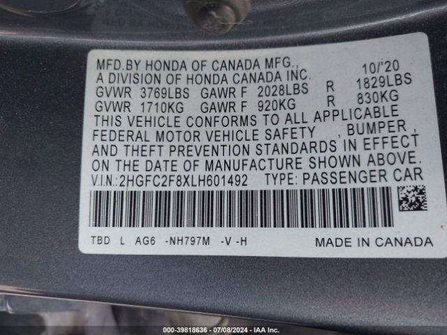2HGFC2F8XLH601492 Honda Civic Sport
