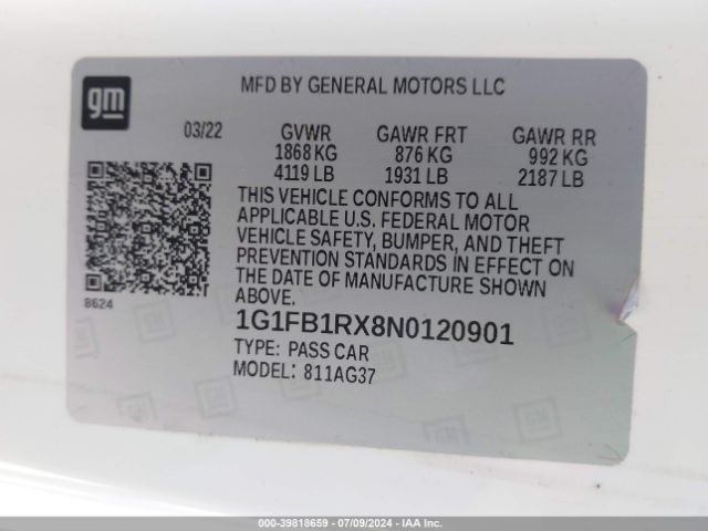 1G1FB1RX8N0120901 Chevrolet Camaro Rwd  1lt