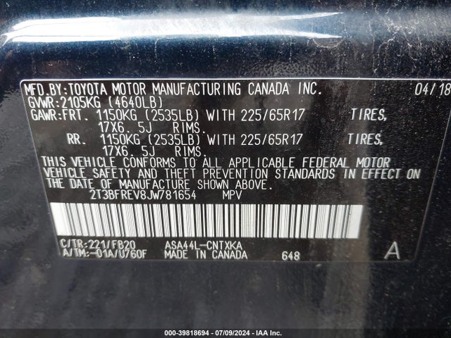 Toyota RAV4 LE 2018 2T3BFREV8JW781654 Image 9
