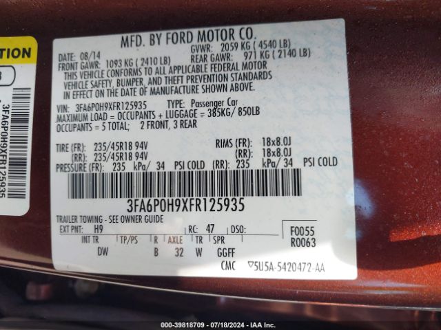 3FA6P0H9XFR125935 Ford FUSION SE
