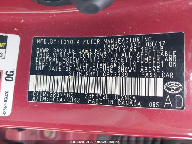 Toyota COROLLA LE 2018 2T1BURHE4JC973939 Image 9
