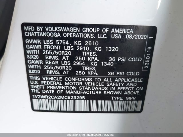 1V2WR2CA2MC523295 Volkswagen Atlas 3.6l V6 Se W/technology