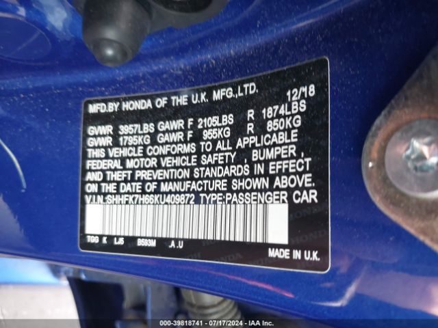 SHHFK7H66KU409872 Honda CIVIC EX