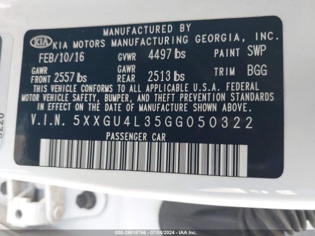 5XXGU4L35GG050322 KIA OPTIMA EX