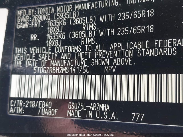 Toyota Highlander Xle 2021 5TDGZRBH2MS141750 Image 9