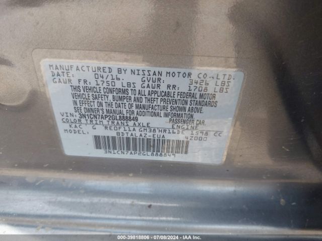 3N1CN7AP2GL888849 Nissan Versa 1.6 S+