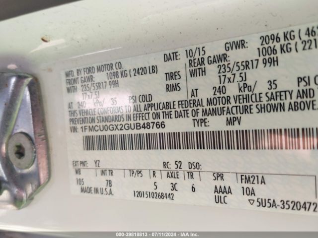 1FMCU0GX2GUB48766 Ford ESCAPE SE