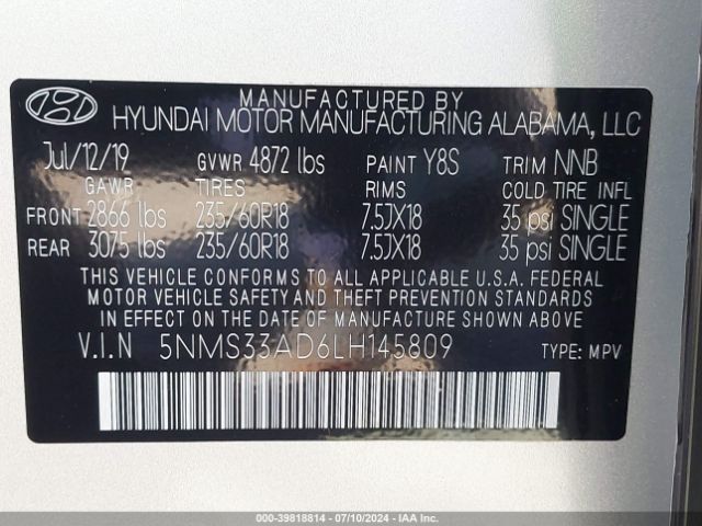 5NMS33AD6LH145809 Hyundai Santa Fe Sel